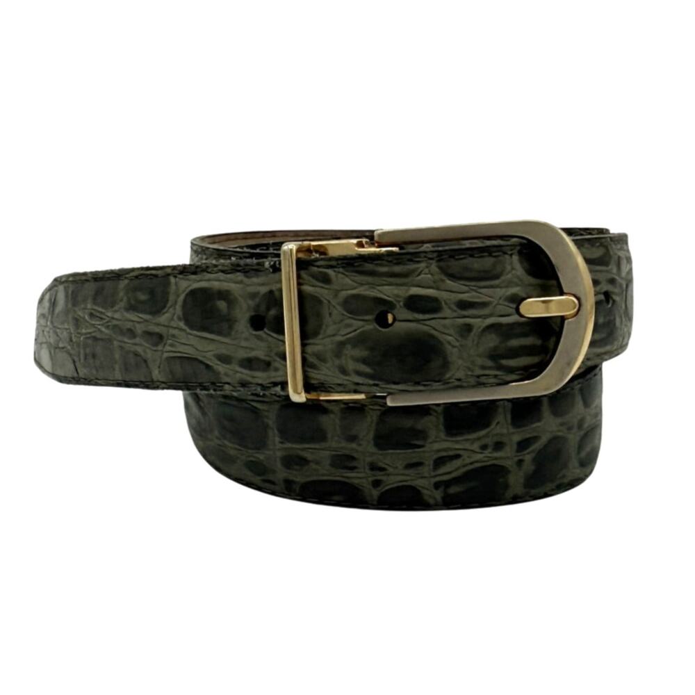 Vtg Pierre G Crocodile Calf Leather Belt Olive Green Gold Silver Buckle Italy 36